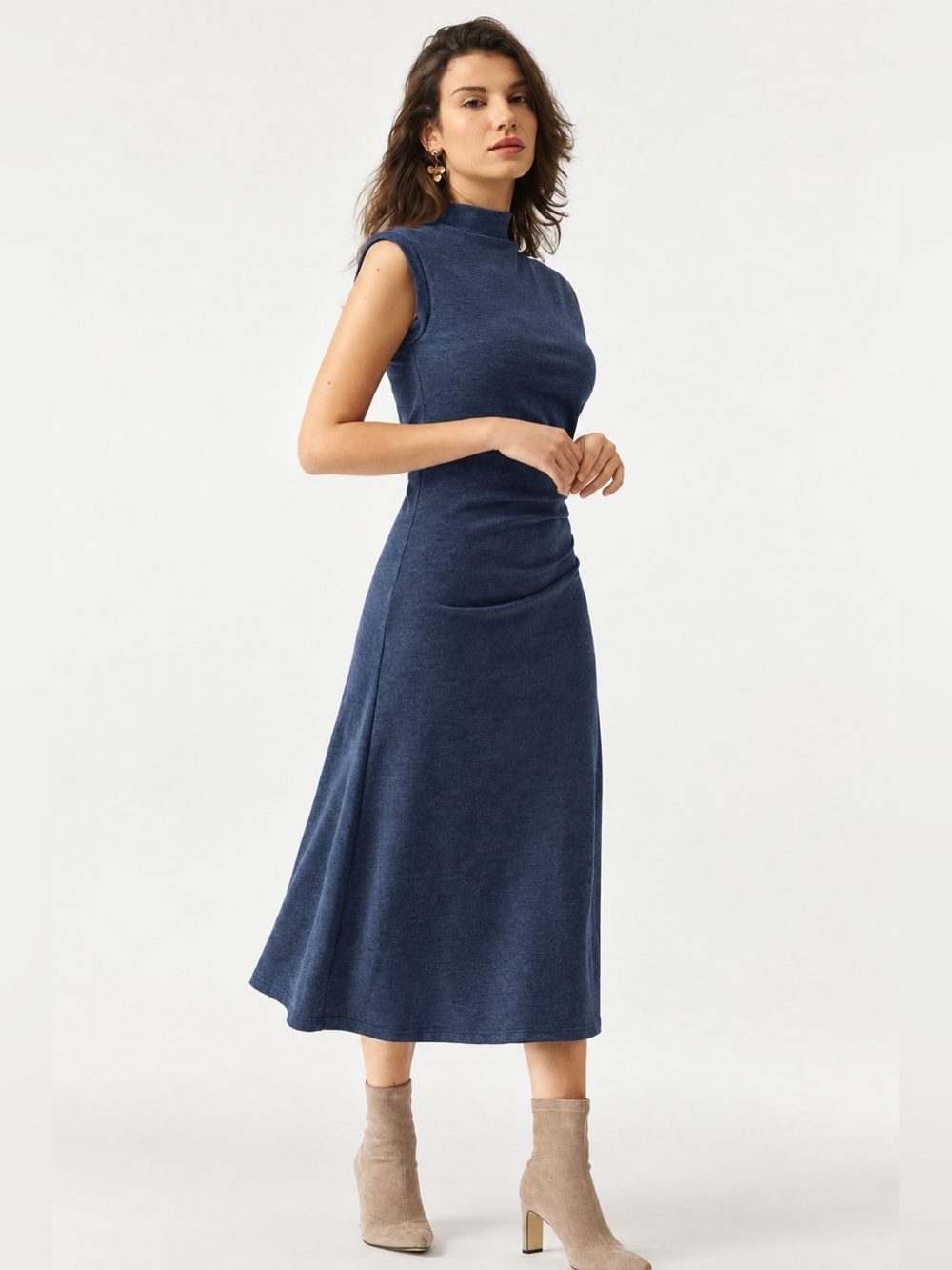 OGL Mockneck Tucks Ruched Midi Dress Denim Blue Sleeveless Size Large Travel